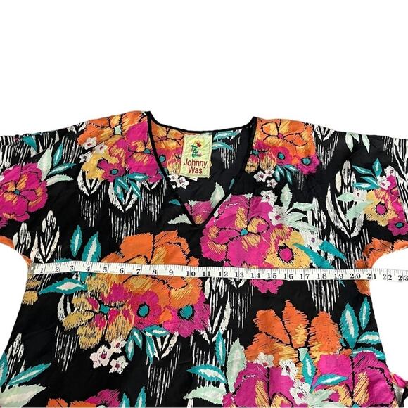 Johnny Was 100% Silk Floral Pullover Mumu Tunic Top Short Sleeve V-Neck Size XS - Picture 7 of 8
